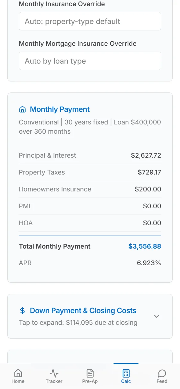 Payment and closing cost calculator
